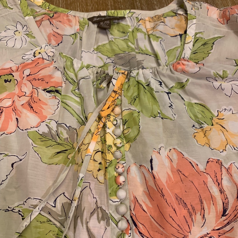 Tommy Bahama Cotton/Silk Floral Blouse in Orange, Yellow, and Green - Picture 10 of 12